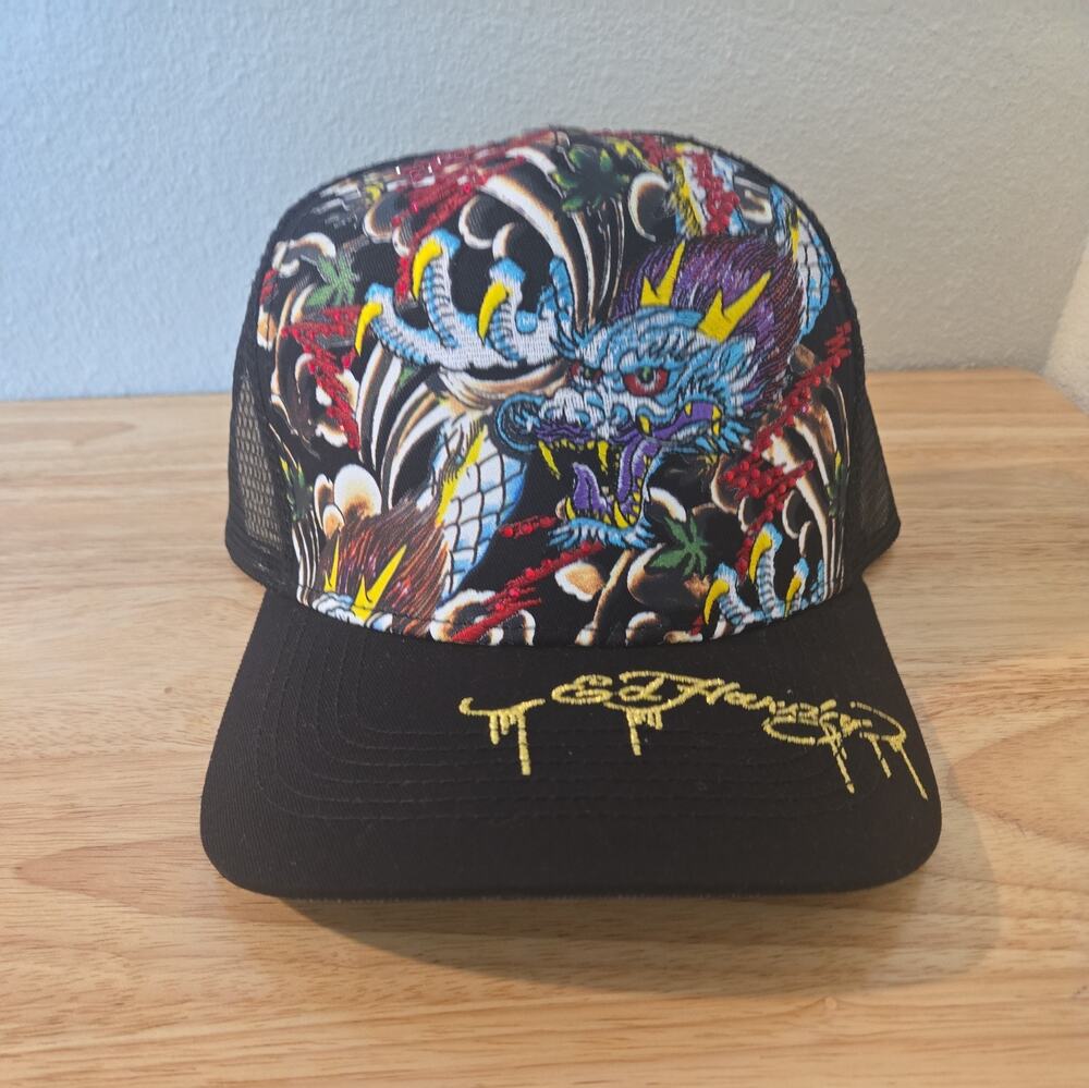 Ed Hardy Trucker Hat Cap Snapback Black, Dragon, Studded Bling Embroidered NWOT